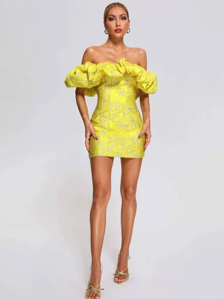 Yellow Off The Shoulder Mini Dress (Textured Floral, Formal) Wolddress